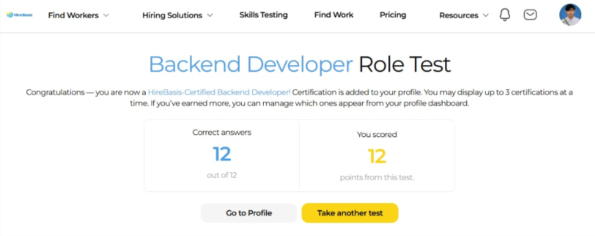 HireBasis Backend Developer Role Test result showing 12 correct answers out of 12