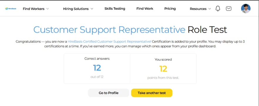 HireBasis Customer Support Representative Role Test result showing 12 correct answers out of 12