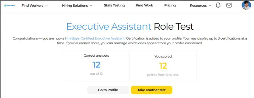 HireBasis Executive Assistant Role Test result showing 12 correct answers out of 12