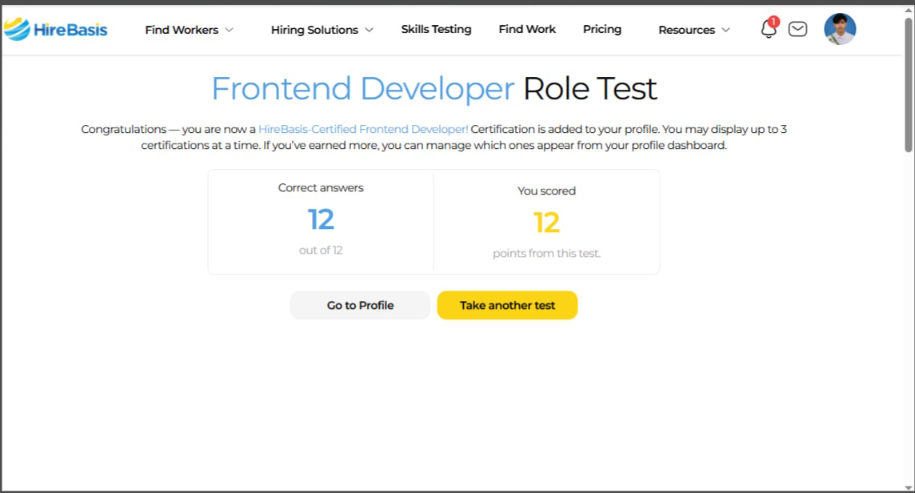 HireBasis Frontend Developer Role Test result showing 12 correct answers out of 12