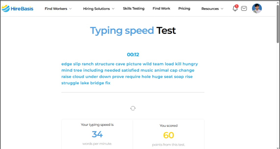 HireBasis Typing Speed Test result showing 34 words per minute and a score of 60