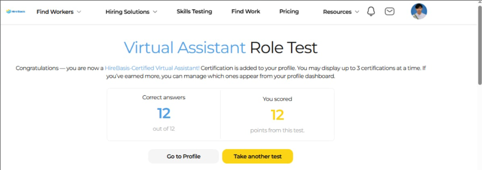 HireBasis Virtual Assistant Role Test result showing 12 correct answers out of 12